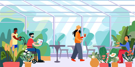 Cafe. People. Workplace of a disabled person in a wheelchair. Inclusion in public life. A modern illustration of a prosperous society. Greening the cityのイラスト素材