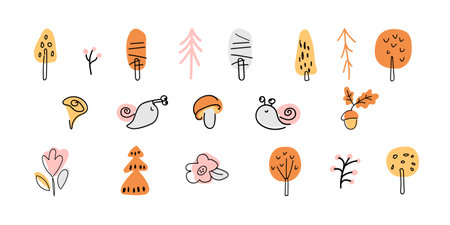 Collection of stickers, trees, mushrooms, snail, flower. Forest plants icons. Flat modern illustration for sticker printing, clothing, fabric, wallpaper. Hand drawn vector illustrationのイラスト素材