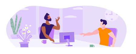 Men at the workplace. Convenient workplace. Emotional conversation. Vector illustrationのイラスト素材