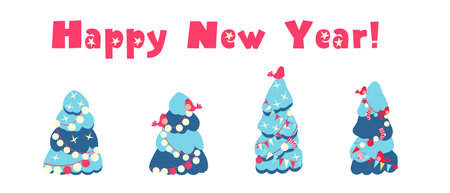 Stickers, New Year and Christmas trees. For print and design, cartoon. Christmas decorations. Not AI, hand drawnのイラスト素材