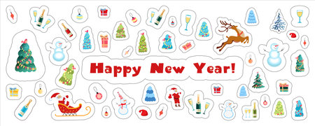 New Year and Christmas stickers for print and design, cartoon. Santa with reindeer and snowman. Christmas tree decorations and lettering. Not AI, hand drawnのイラスト素材