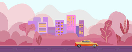 Ecology in the city and street greening. Road with a car, Not AI, hand drawn. Vector illustrationのイラスト素材