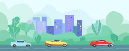 Ecology in the city and street greening. Road with a car, Not AI, hand drawn. Vector illustrationのイラスト素材