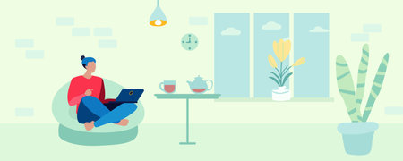 A man with a laptop in a chair. Distant work. Self worth concept. Vector illustration.のイラスト素材