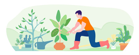 The gardener plants a sprout. Hand drawn, Cute vector illustrationのイラスト素材