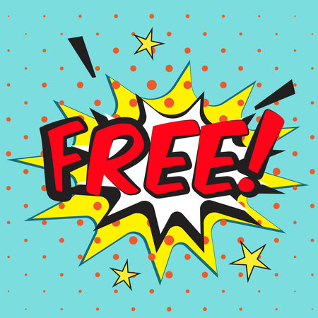 FREE - comic book style word. Colorful summer banner in pop art comic style. Decorative bright background with explosive bomb. Vectorのイラスト素材