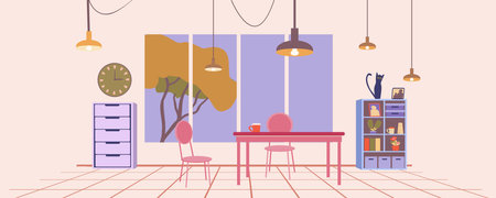 The interior is in a gentle Scandinavian style. Autumn. Simple furniture. Flat vector illustrationのイラスト素材