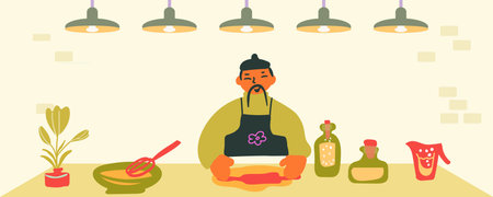 Asian cuisine, chef, dough filling, sauce, cuisine, vector illustration.The chef prepares the filling for the dough. Preparing desserts and pastries. Kitchen, green interior. Asian cuisine. Man, cook, spices, dishes, sweets. Healthy eating concept. Vector illustration.のイラスト素材