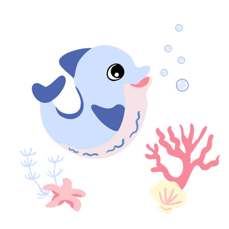 Cute dolphin with bubbles, starfish and shellfish, coral in underwater. Vector illustration of marine life characterのイラスト素材