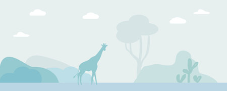 Delicate landscape with a giraffe. Dawn in Africa. Nature background. Vector illustrationのイラスト素材