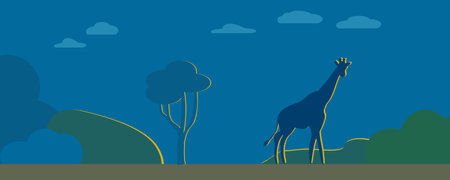 Night landscape with a giraffe in Africa. Savannah nature background. Vector illustrationのイラスト素材