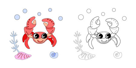 Coloring book Crab with shells, bubbles and algae in the ocean. For posters, prints on clothes. Vectorのイラスト素材