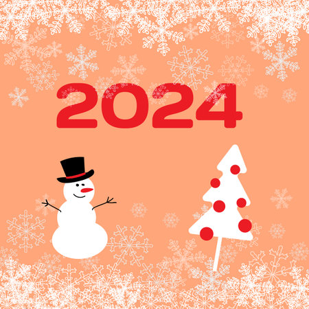 Web. VeHappy New Year greeting card with a snowman in a hat and a decorated Christmas tree. Peach background with decorative snowflakes. Vector illustrationのイラスト素材