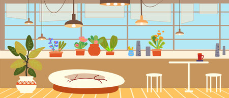 Apartment interior, kitchen, dining room and living room. Indoor plants, cozy home. Vector illustration.のイラスト素材