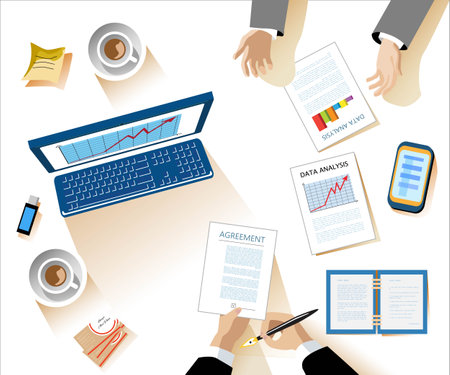Table with hands of businessmen signing documents. Business concept. Career growth and success. Financial start, planning and analytics. Modern vector illustration.のイラスト素材