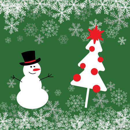 New Year 2024. Snowman and Christmas tree with a star. Greeting card and banner with snowflakes. Elements for stickers and print. Vector illustration with winter backgroundのイラスト素材