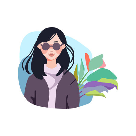 Round avatar of a realistic girl in sunglasses. Woman in sports jacket. Vector illustration.