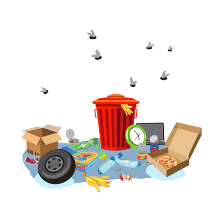 Red trash can with unsorted waste. Empty boxes and cans. Flies over organic and industrial waste. Vector illustrationのイラスト素材