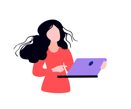 The girl is holding a laptop in her hands. Avatar of a woman. Business lady. Flat vector illustrationのイラスト素材