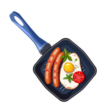 Scrambled eggs in a square frying pan. Fried sausages with eggs. Healthy dinner. Healthy eating. Vector illustrationのイラスト素材
