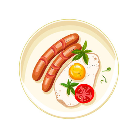 Scrambled eggs and sausages on a plate. Fried tomato slice with herbs and egg. Healthy breakfast. Healthy eating. Vector illustrationのイラスト素材