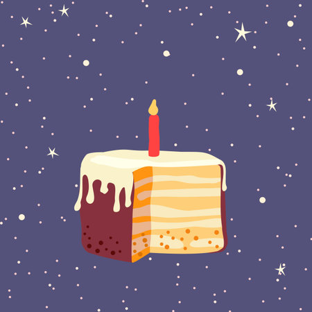 Piece of layer cake with cream and candle for 1 year birthday for card, invitation and banner. Blue...