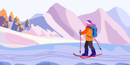 A man on a ski trip. Mountain landscape with ski tracks. Winter holidays and travel. Minimalism. Vector illustration.のイラスト素材