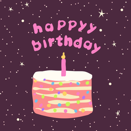 Cut layer cake with cream and candle for 1 year birthday for card, invitation and banner. Night sky background with stars. Vector illustrationのイラスト素材