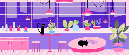 Office facilities and design isolated cartoon vector illustrations set. Funny black cats in the room play and hide in indoor plants. Retro style 60s, 70s. Pet friendly. Bright interior with largeのイラスト素材