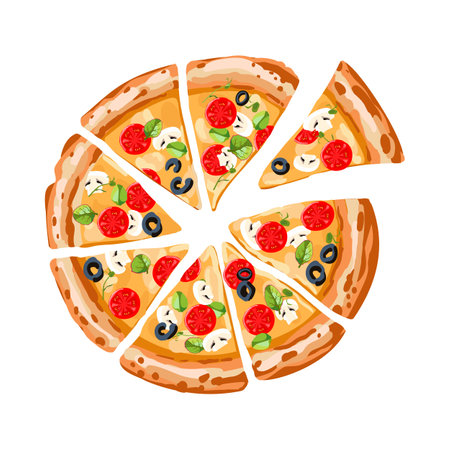 Pizza sliced with tomatoes and cheese. Italian pizza with olives and salad. Vector illustration.のイラスト素材