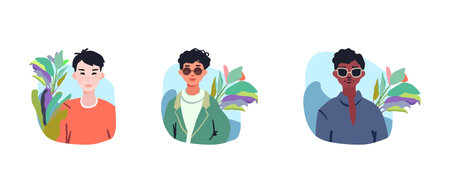 Set of avatars for men. Contemporary folk. Cute anime characters. Cartoon Vector illustration.のイラスト素材