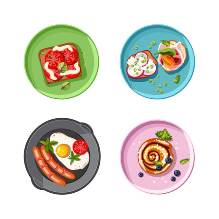 Healthy breakfast. Frying pan with scrambled eggs and sausages, tomatoes, lettuce. Plate with cake and berries. Bruschettas and open sandwiches with croutons. Isolated vector illustrationのイラスト素材