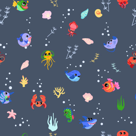 Marine seamless pattern for printing on fabric and wrapping paper. Pattern with sea animals and plants for childrens textiles and clothing. Background for cards Vectorのイラスト素材