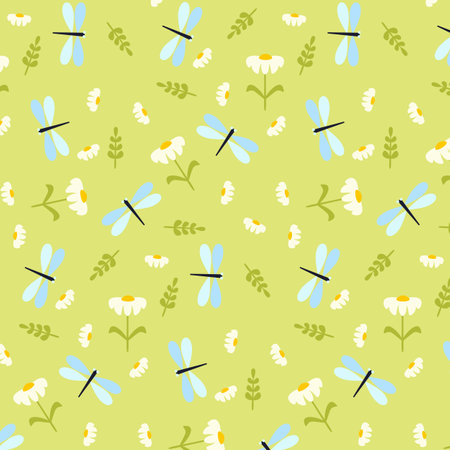 Seamless pattern with dragonflies and flowers in Scandinavian style for printing on fabric and wrapping paper. Botanical calm pattern for textiles and clothing. Background for cards Vectorのイラスト素材