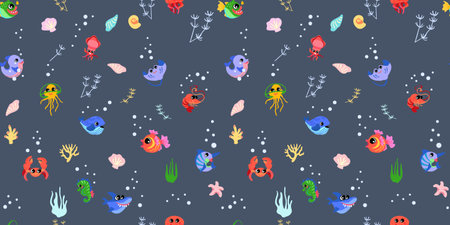 Marine seamless pattern for printing on fabric and wrapping paper. Pattern with sea animals and plants for childrens textiles and clothing. Background for cards Vectorのイラスト素材