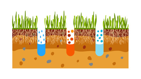 Vector illustration of lawn aeration. Concept of lawn grass care, gardening service, benefits of aeration. Water, air and fertilizer having easy access to soilのイラスト素材