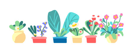 Botanical set of spring indoor plants. Flowers and leaves in the pot. Flowering plants. Blooming flowers and foliage. Flat graphic vector illustration on white background. Colorful hand drawnのイラスト素材