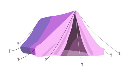 Lilac triangular tent for camping, adventure tourism and travel, bushcraft and backpacking. Isolated object on a white background. Cartoon vector illustration...のイラスト素材