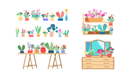 Botanical set of indoor plants. Interior houseplants, flowerpots. Home indoor green decor on furniture. Shelf for flowering plants. Different blooming flowers and foliage. Flat graphic vectorのイラスト素材