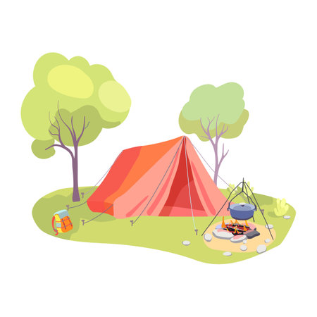 Forest touristic camp with tent, bonfire and firewood for adventure tourism and travel, bushcraft and backpacking. Campsite surrounded by trees. Vector illustration.のイラスト素材