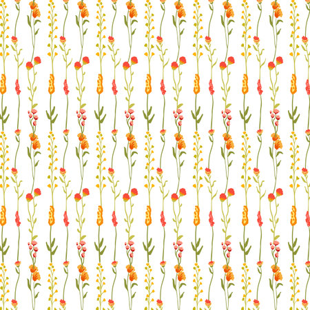 Spring flower branches, exquisite seamless pattern design. Repeating botanical print. Natural blooming herbs. Floral texture and sprigs background for wallpaper, fabric and textile. Flat graphicのイラスト素材