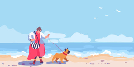 Fat woman in red with a bulldog are walking on the seashore. Beach scene on sea vacation resort. Summer holidays.Ocean coast. Maldives Relax, Rest and Recreation. Flat vector illustrationのイラスト素材