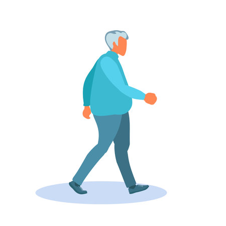 An elderly man walks with long strides. A plump guy with gray hair in blue clothes. Active business man character. Vector illustration.のイラスト素材