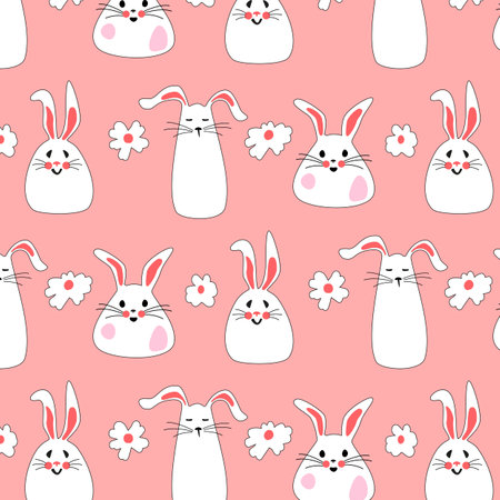 Seamless pattern with Easter bunnies and flowers on a pink background for kids products. Cute rabbits for baby clothes. Flat vector illustration for printing packaging, fabric and textiles.のイラスト素材
