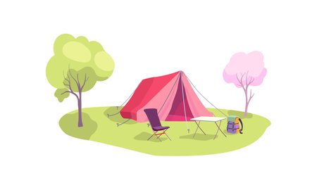 Forest tourist camp with tent, folding table and chair. Camping chair and table. Glamping resorts. Adventure tourism and travel. Campsite surrounded by trees. Bushcraft and backpacking. Vectorのイラスト素材