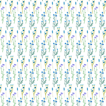 Seamless floral pattern. Endless botanical background. Fresh spring flowers and wildflowers, repeating print. Simple natural texture for textile design, fabric. Colorful graphic vector illustration..のイラスト素材