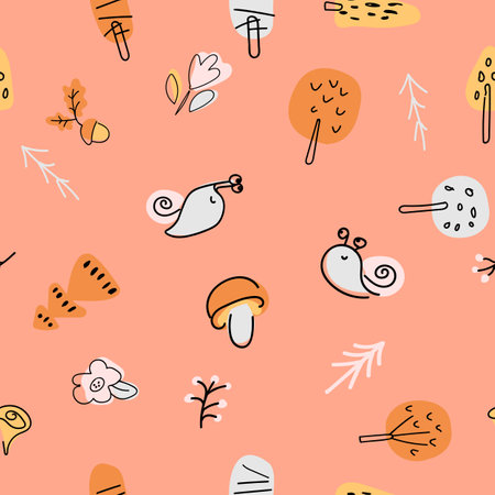 Seamless pattern with snails, flowers and trees for childrens products. Forest decorative pattern for childs clothing. Flat vector illustration for printing packaging, fabric and textiles.のイラスト素材