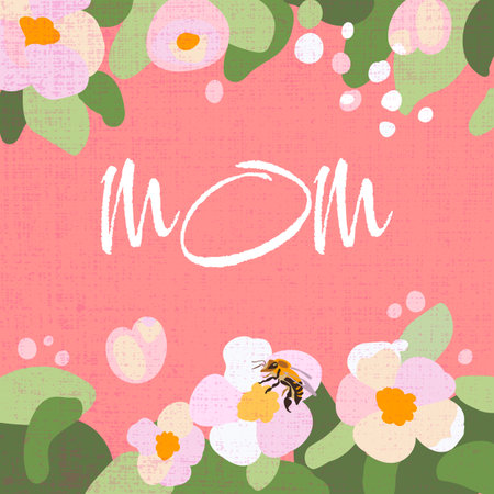 Happy Mothers Day Frame traditional flowers apple tree branch pink template Mom holiday greetings Texture hand drawn pink petals green daisy leaves Vector illustrationのイラスト素材