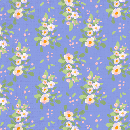 Seamless pattern traditional flowers apple tree branch blue background Texture hand drawn Folk white petals green daisy leaves Bright ornament Vector flat illustrationのイラスト素材