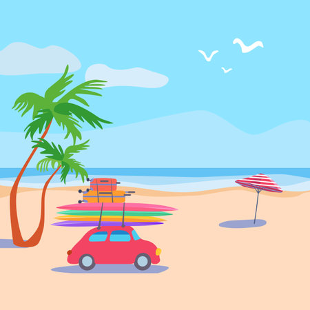 Summer sea Ocean shore Car suitcases surfboard Beach striped umbrella. Marine poster banner Tropical coast palm tree. Retro Flat Vectorのイラスト素材